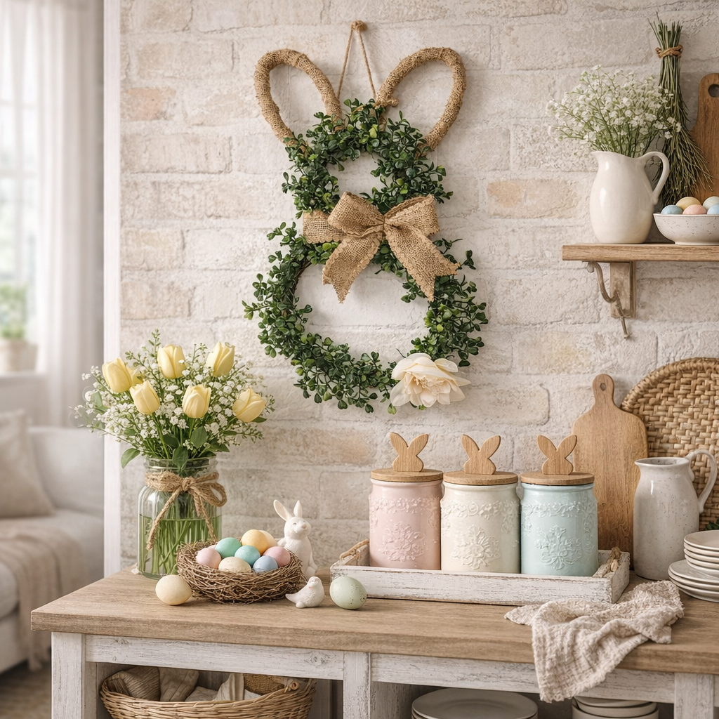 Easter Bunny-Themed Artificial Flower Wreath 