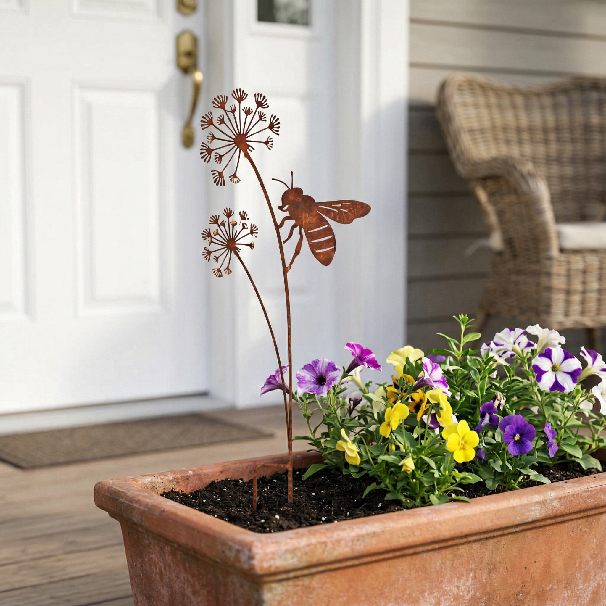 Set of 3 Rusty Wrought Iron Bee Garden Stake