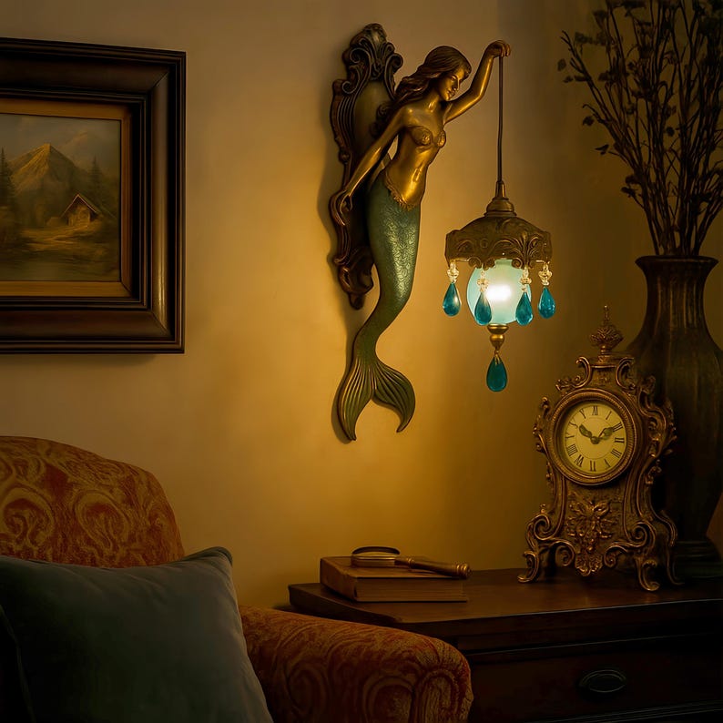 Retro mermaid wall lamp, resin sculpture hanging lamp, mermaid wall decorative lamp, underwater acrylic lamp,whimsical lamp,mermaid decor image 1