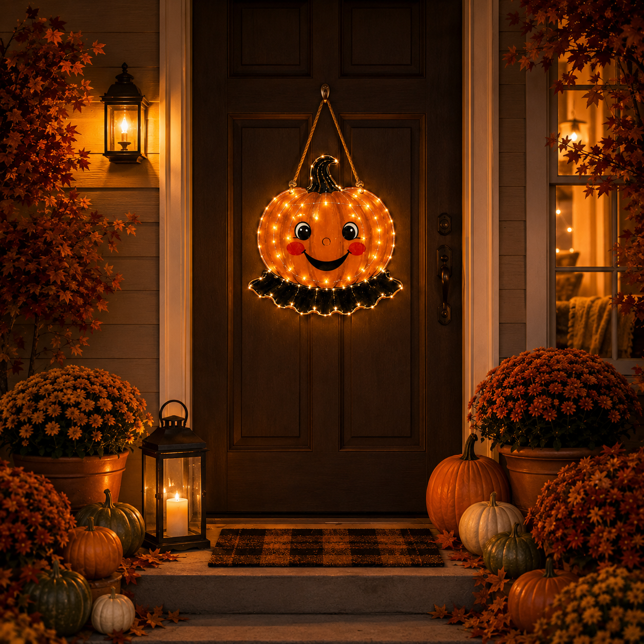 11.8 in × 11.8 in Lighted Wooden Smiling Pumpkin Door Hanger