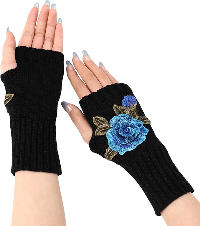 Women Rose Flower embroidery Winter Fingerless Gloves