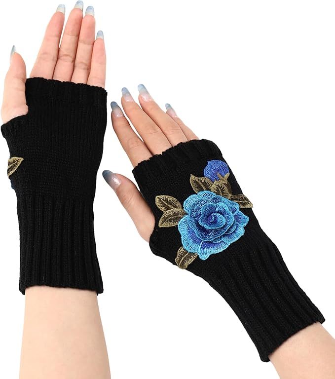 Women Rose Flower embroidery Winter Fingerless Gloves