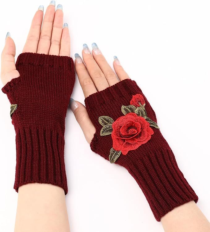 Women Rose Flower embroidery Winter Fingerless Gloves