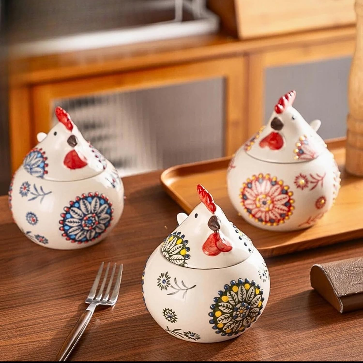 Ceramic Chicken Spice Jars with Lid and Spoon