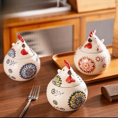 Ceramic Chicken Spice Jars with Lid and Spoon