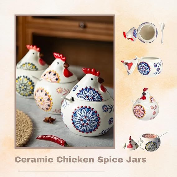 Ceramic Chicken Spice Jars with Lid and Spoon