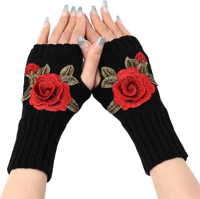 Women Rose Flower embroidery Winter Fingerless Gloves