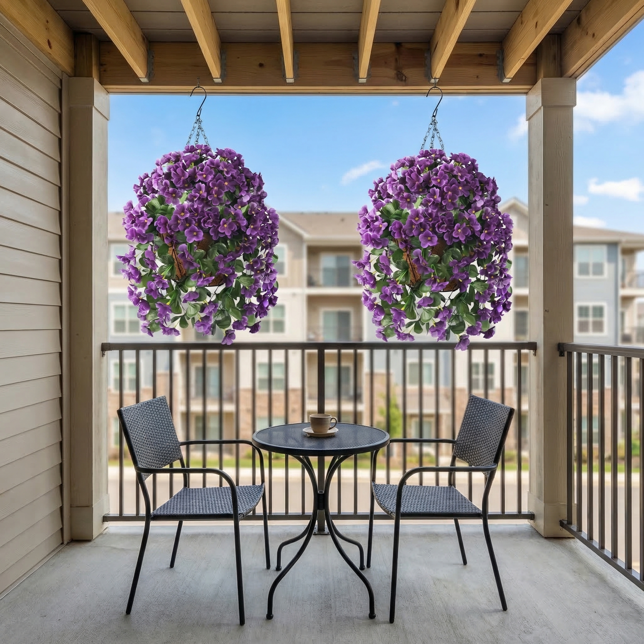 Artificial Hanging Flower Basket with Coconut Liner – Faux Outdoor Hanging Flowers Planter for Porch, Patio, Balcony & Garden Spring Decoration