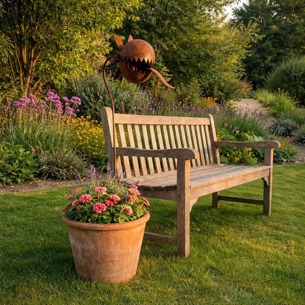 Vintage Rust-Finish Whimsical Carnivorous Plant Shaped Metal Garden Stakes