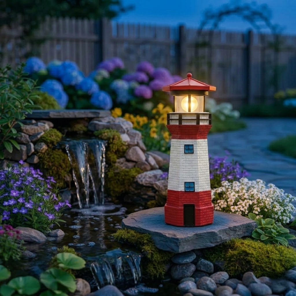 Solar Lighthouse Statue – Coastal Charm with LED Glow for Garden or Pathway