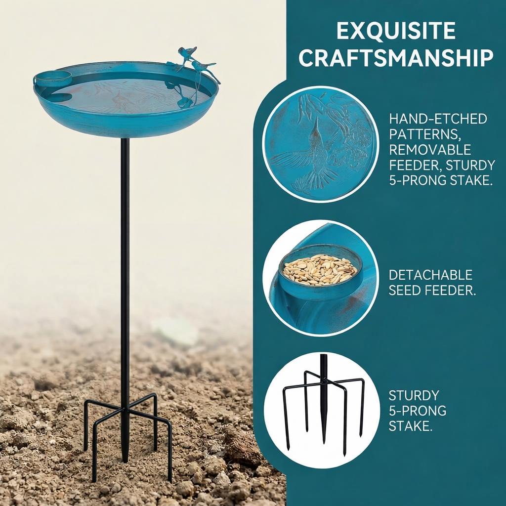 Outdoor Metal Bird Bath with Feeder – 37" Tall Garden Decor