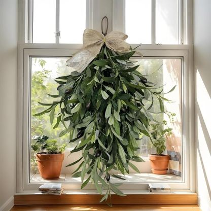 Artificial Olive Swag with Greenery Leaves and Burlap Bow