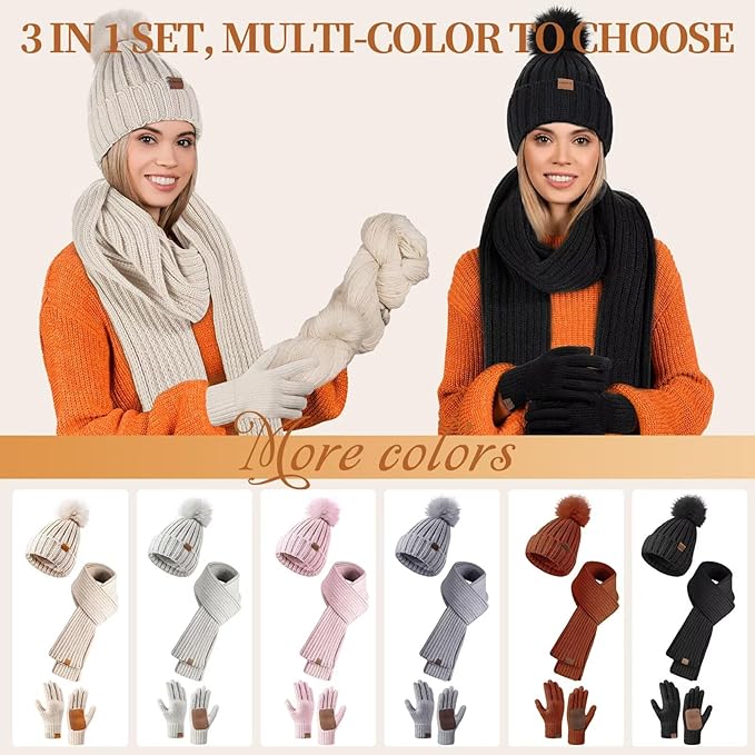 Winter Beanie Hat Scarf Gloves Set