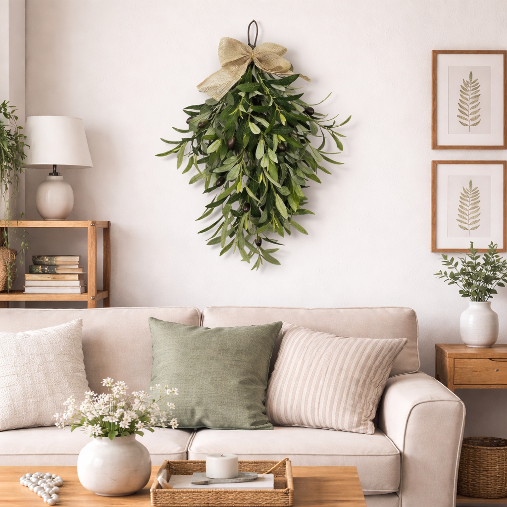 Artificial Olive Swag with Greenery Leaves and Burlap Bow