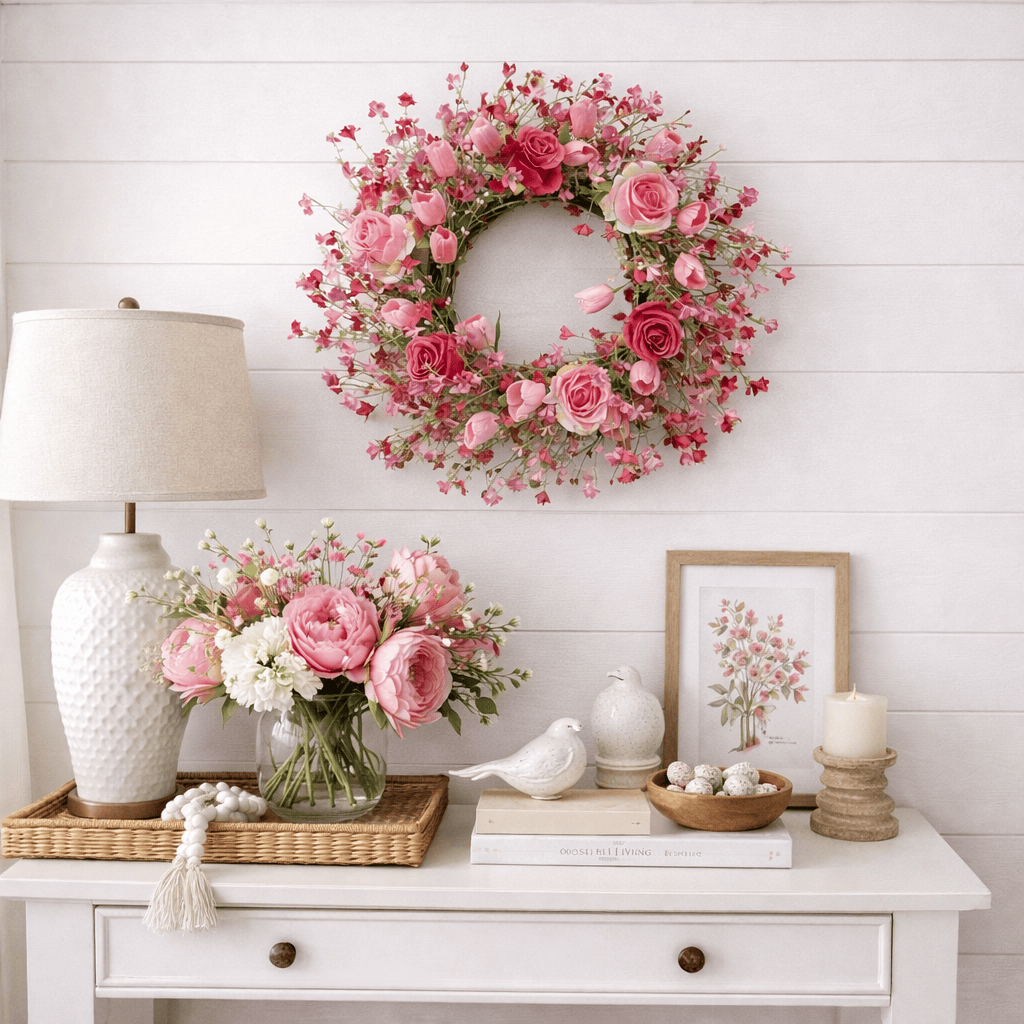 Valentine's Day Flower Wreath with Tulips Heart Berry for Window Porch Indoors Outside