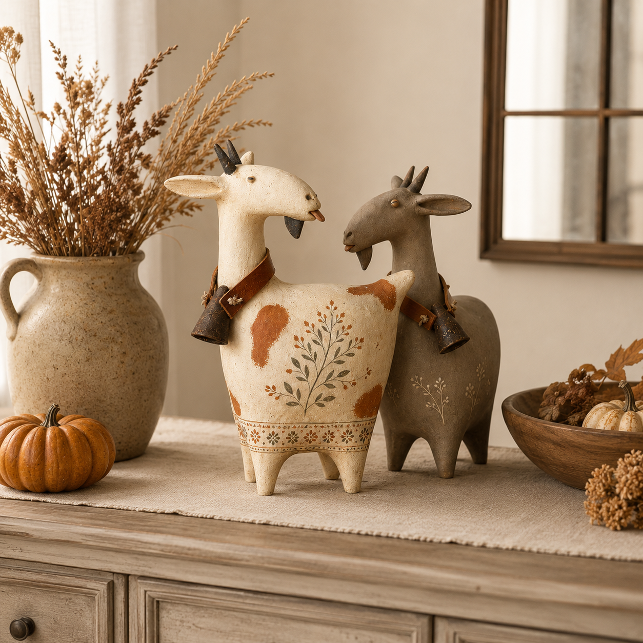 Vintage Harvest Goat Figurine Set 2-Piece Folk Art Fall Decor