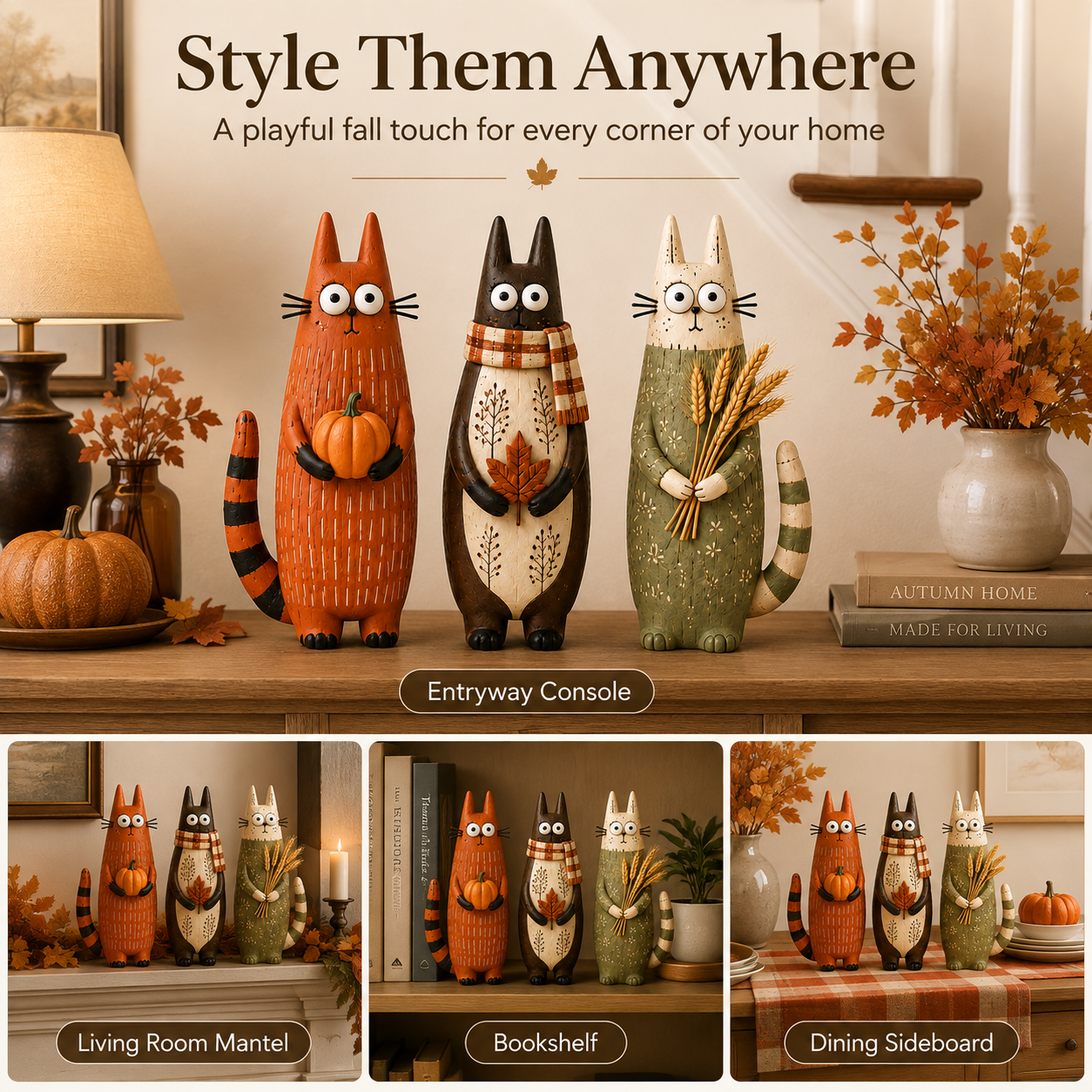 Whimsical Harvest Cat Figurine Set – Set of 3
