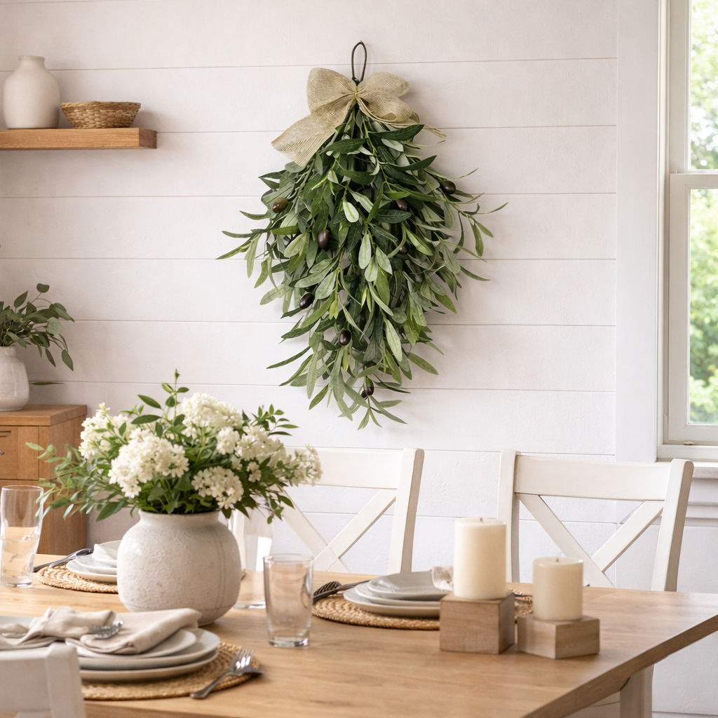 Artificial Olive Swag with Greenery Leaves and Burlap Bow