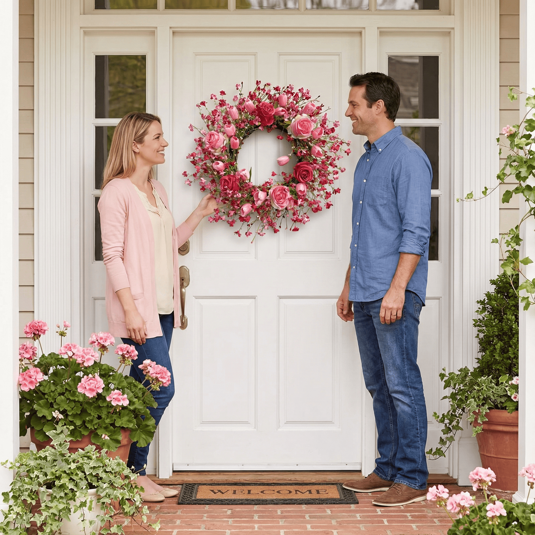 Valentine's Day Flower Wreath with Tulips Heart Berry for Window Porch Indoors Outside