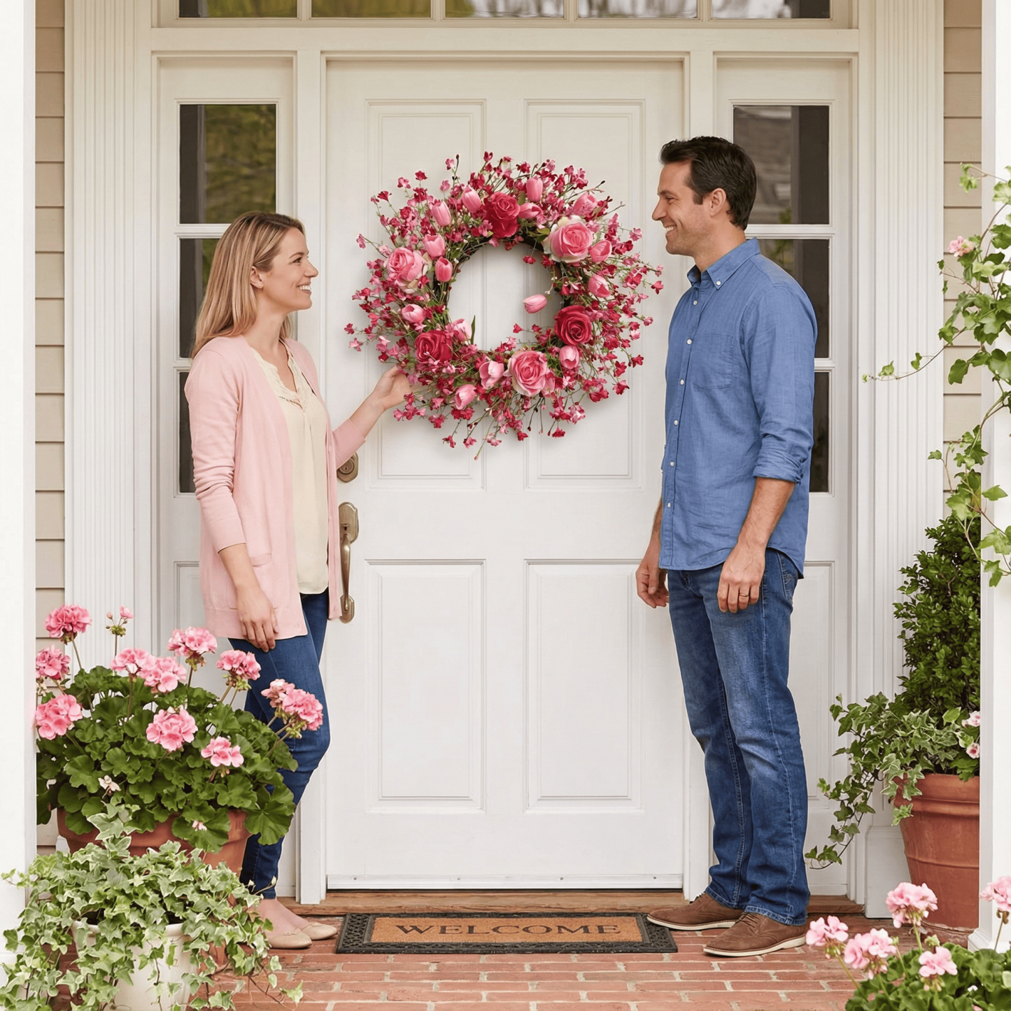 Valentine's Day Flower Wreath with Tulips Heart Berry for Window Porch Indoors Outside