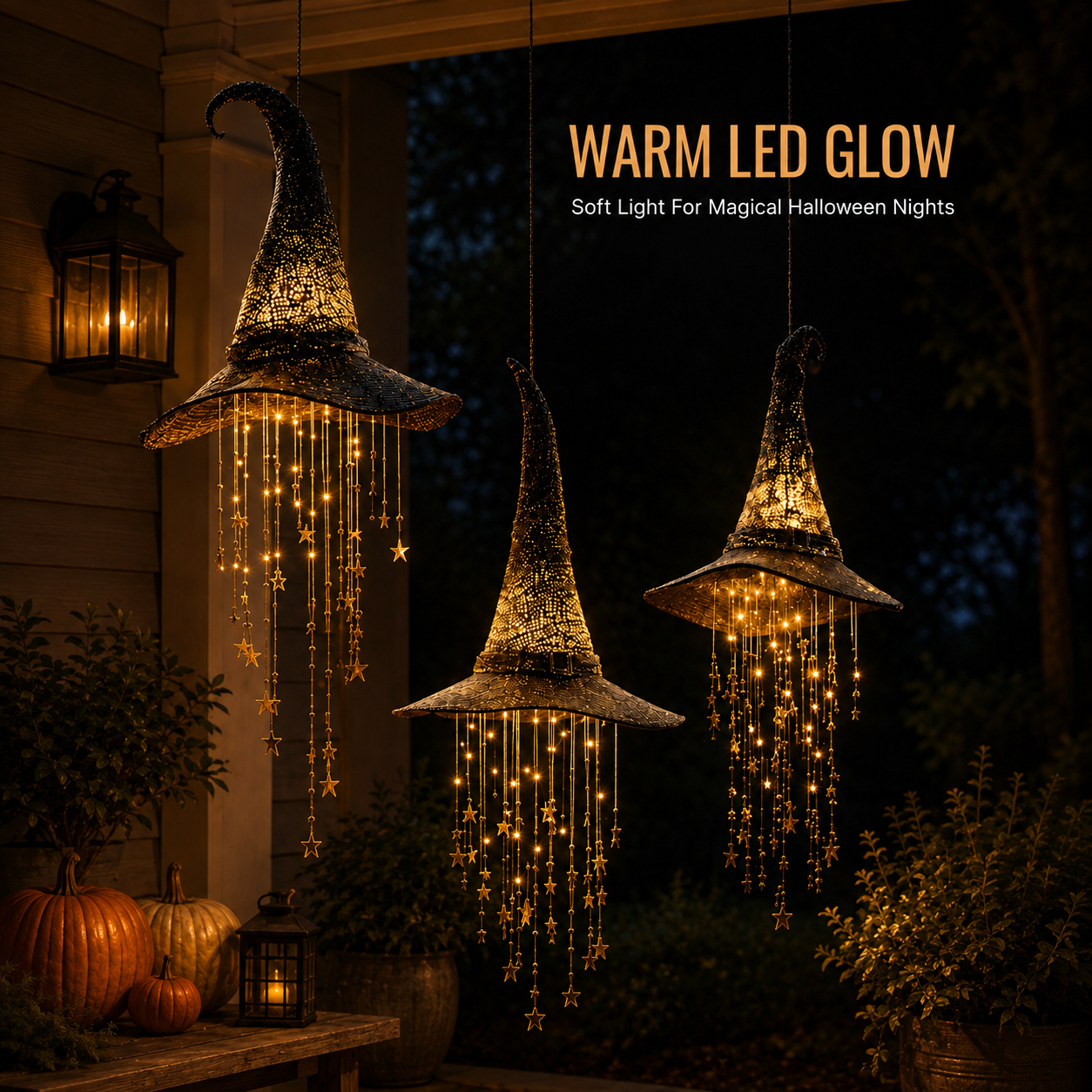 3 Pack Lighted Hanging Witch Hat Star Garland Halloween Decor