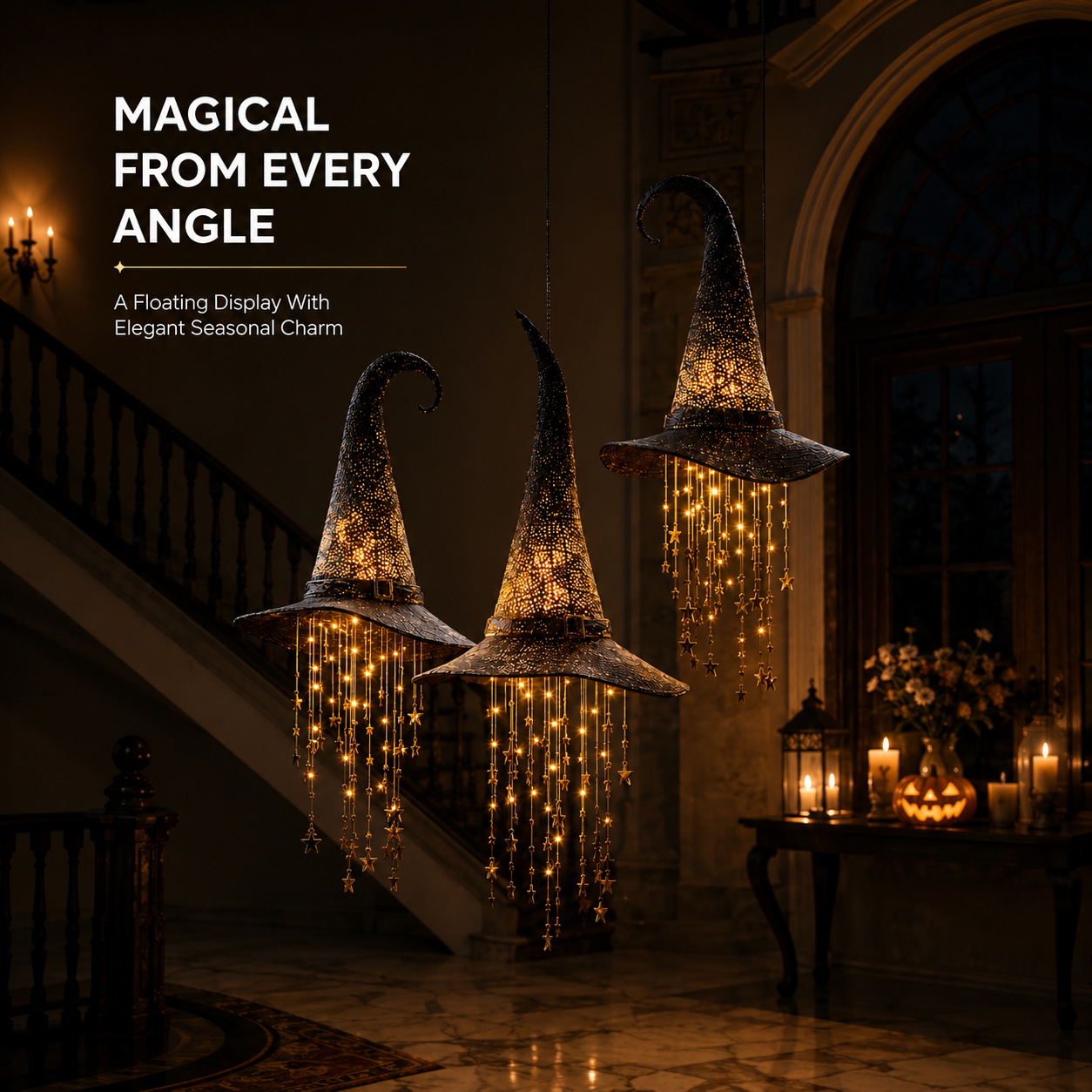 3 Pack Lighted Hanging Witch Hat Star Garland Halloween Decor