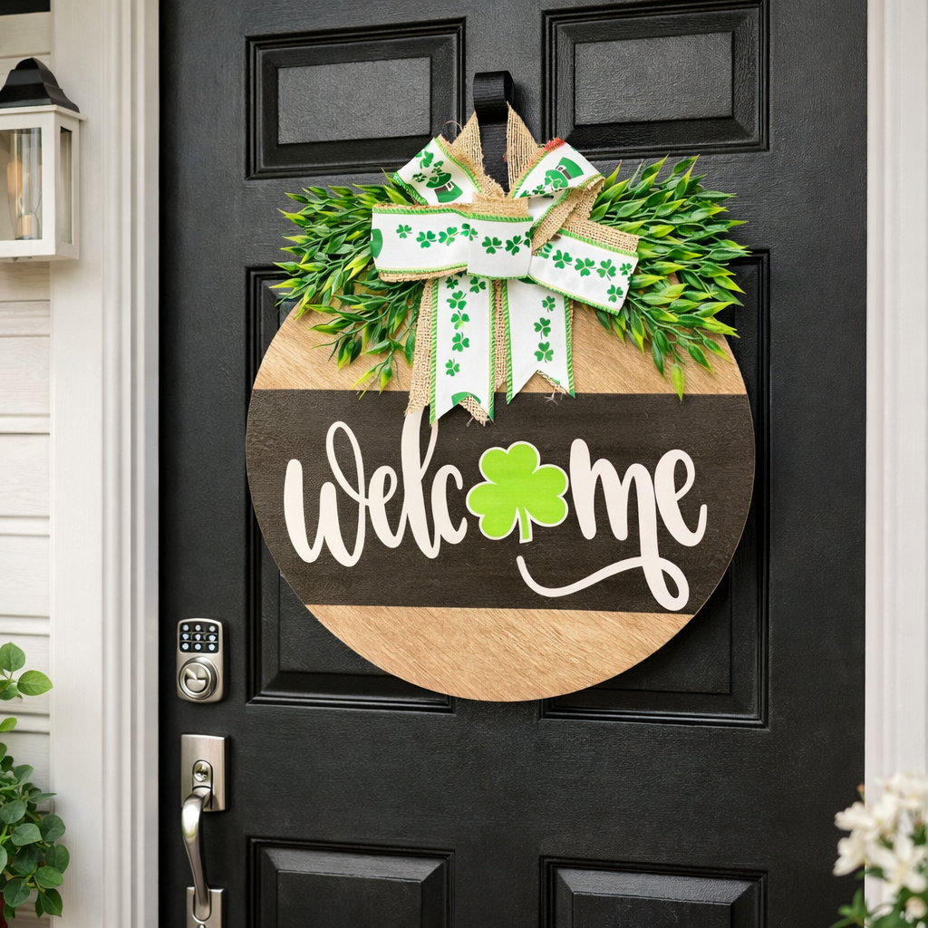 St. Patrick’s Day Door Hanging Wreath Decor – Wooden Shamrock Welcome Sign with Burlap Bow