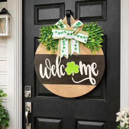 St. Patrick’s Day Door Hanging Wreath Decor – Wooden Shamrock Welcome Sign with Burlap Bow
