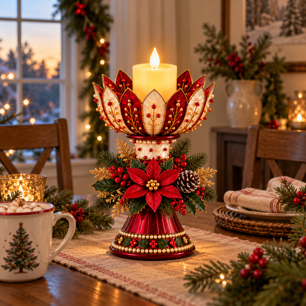 Vintage Poinsettia Christmas Candle Centerpiece