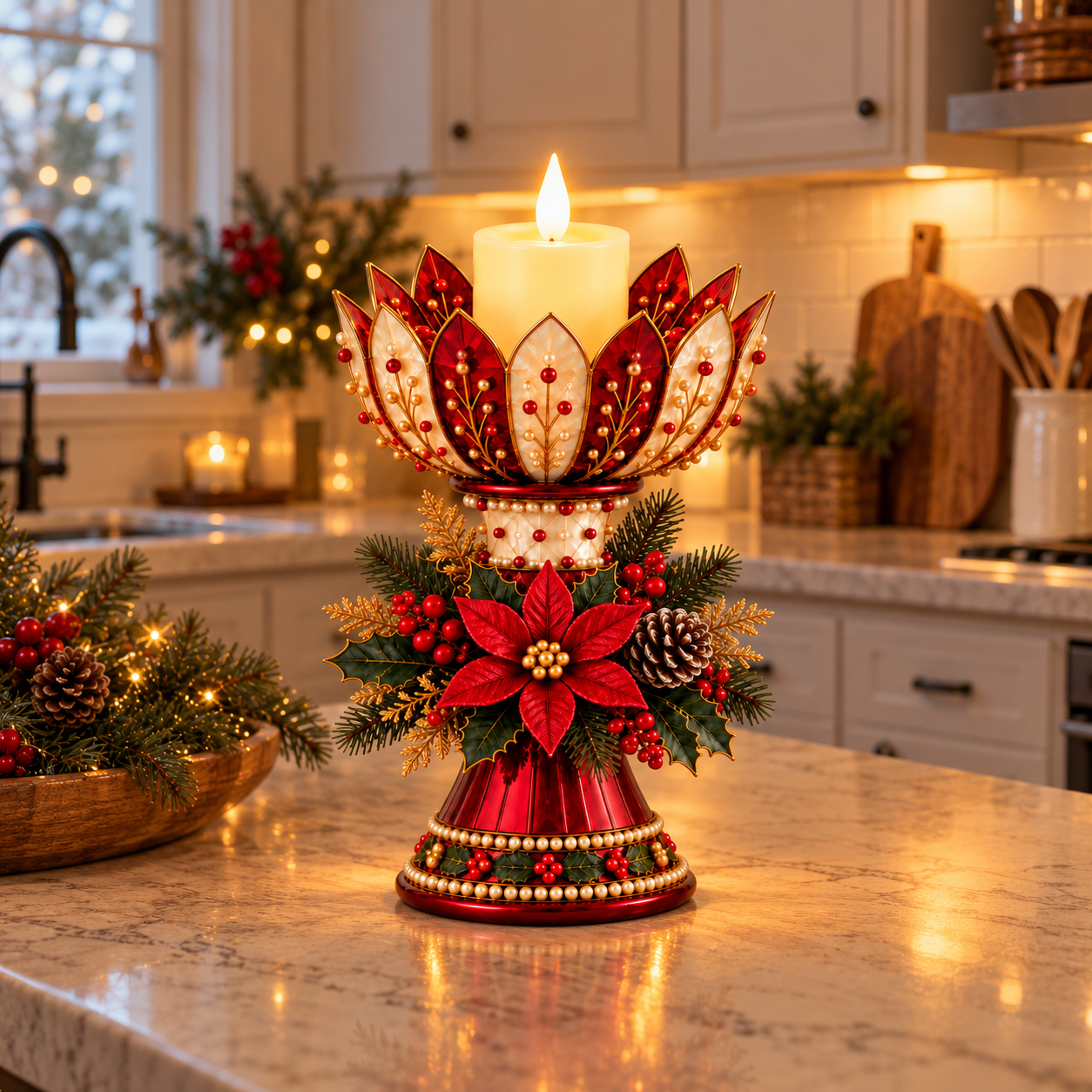 Vintage Poinsettia Christmas Candle Centerpiece