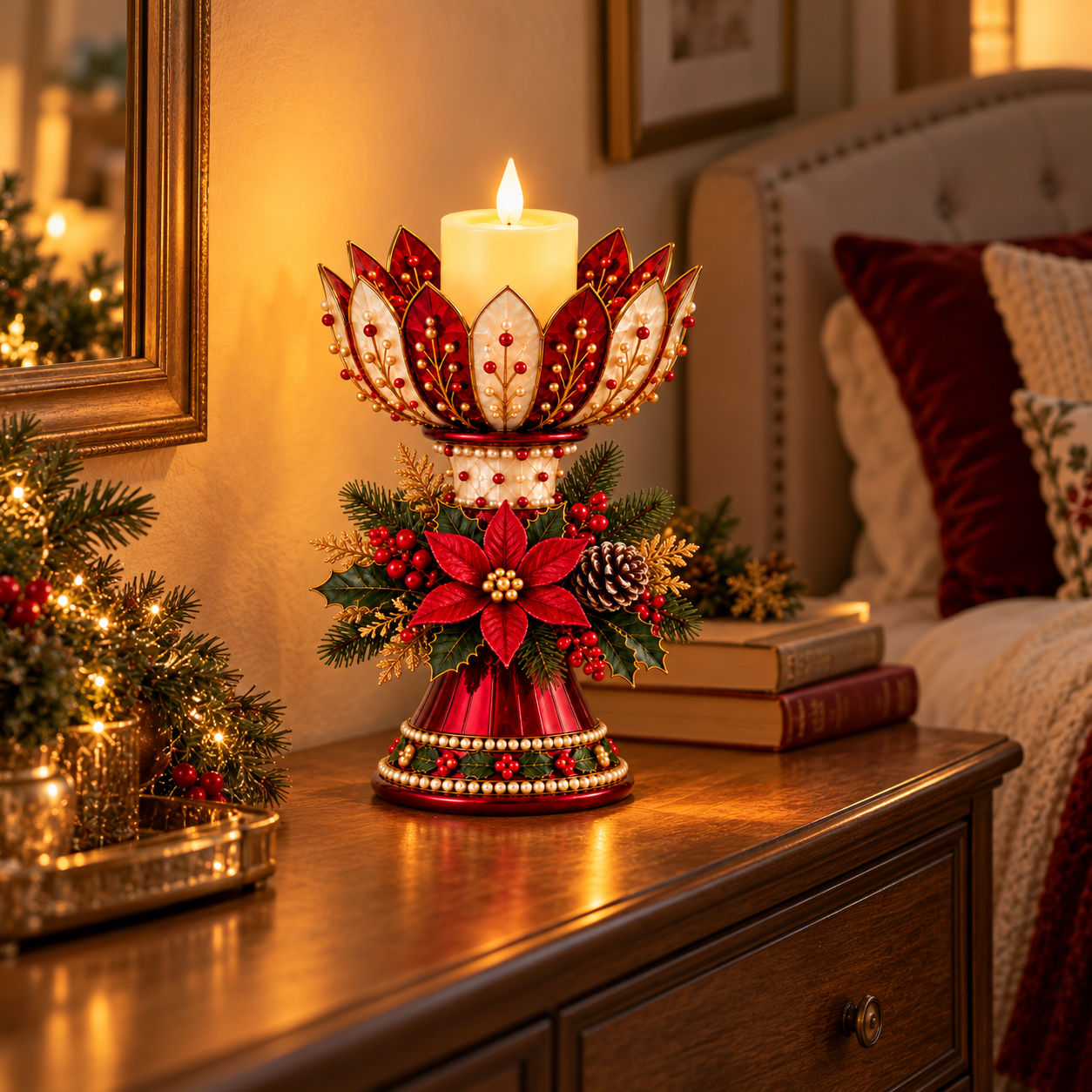 Vintage Poinsettia Christmas Candle Centerpiece