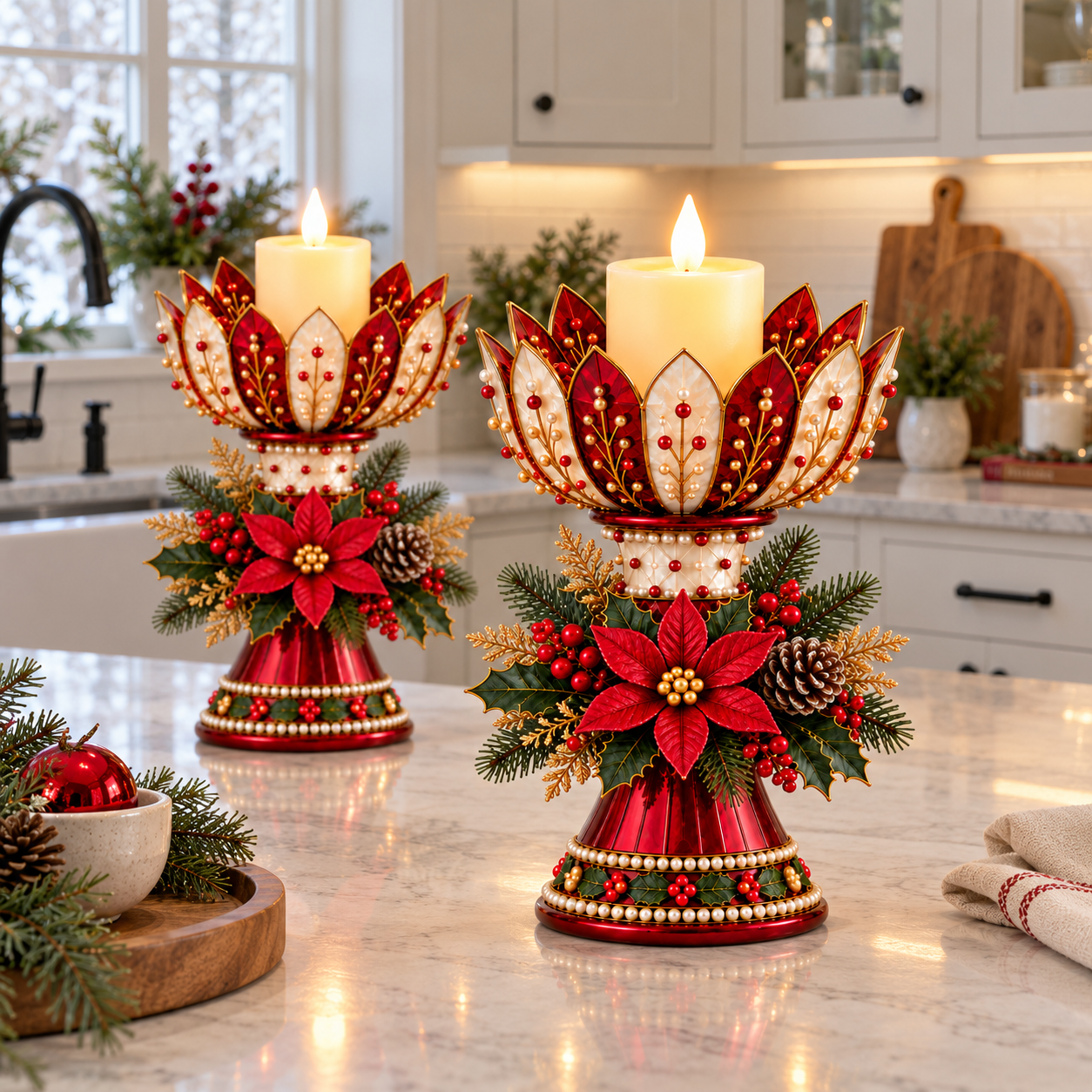 Vintage Poinsettia Christmas Candle Centerpiece