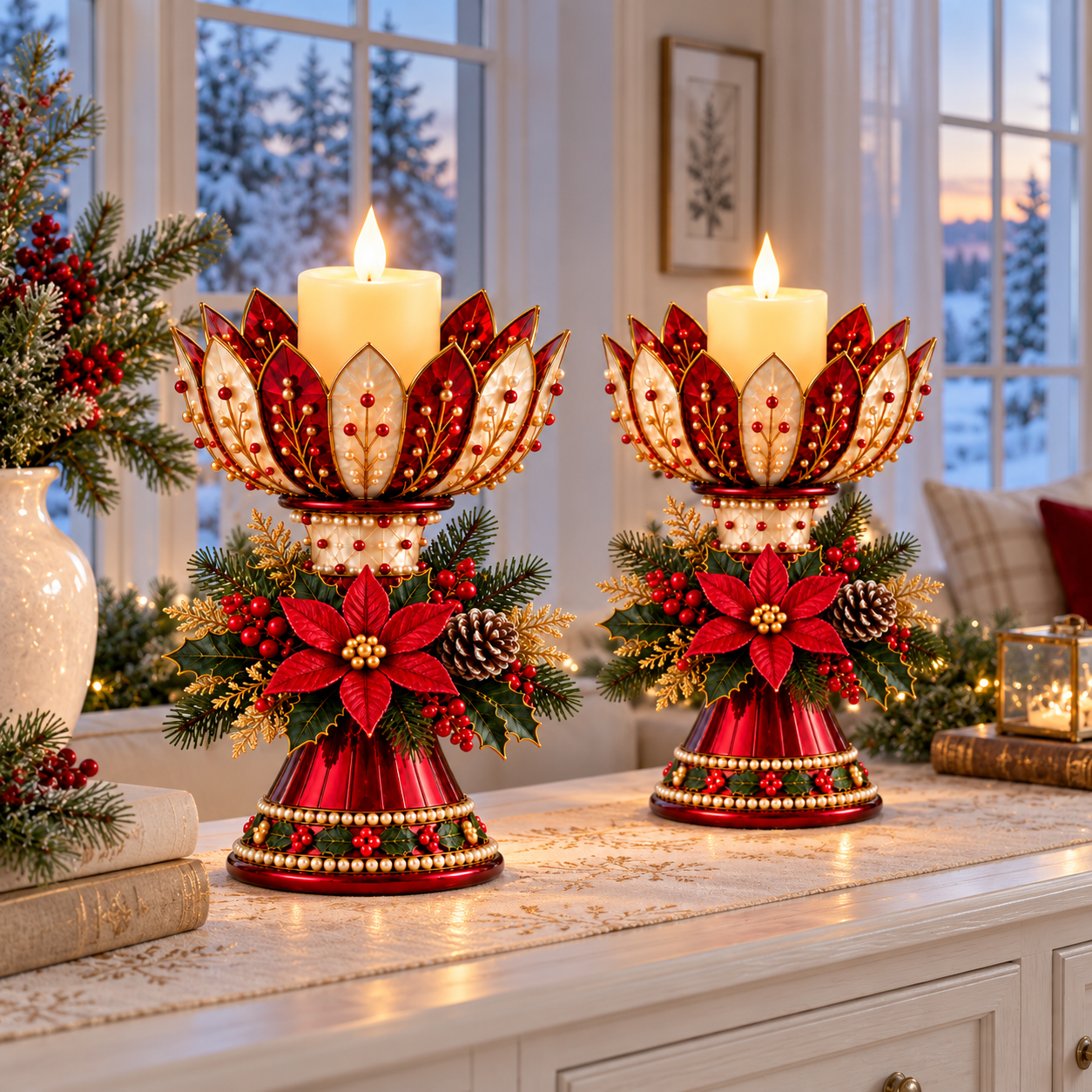Vintage Poinsettia Christmas Candle Centerpiece