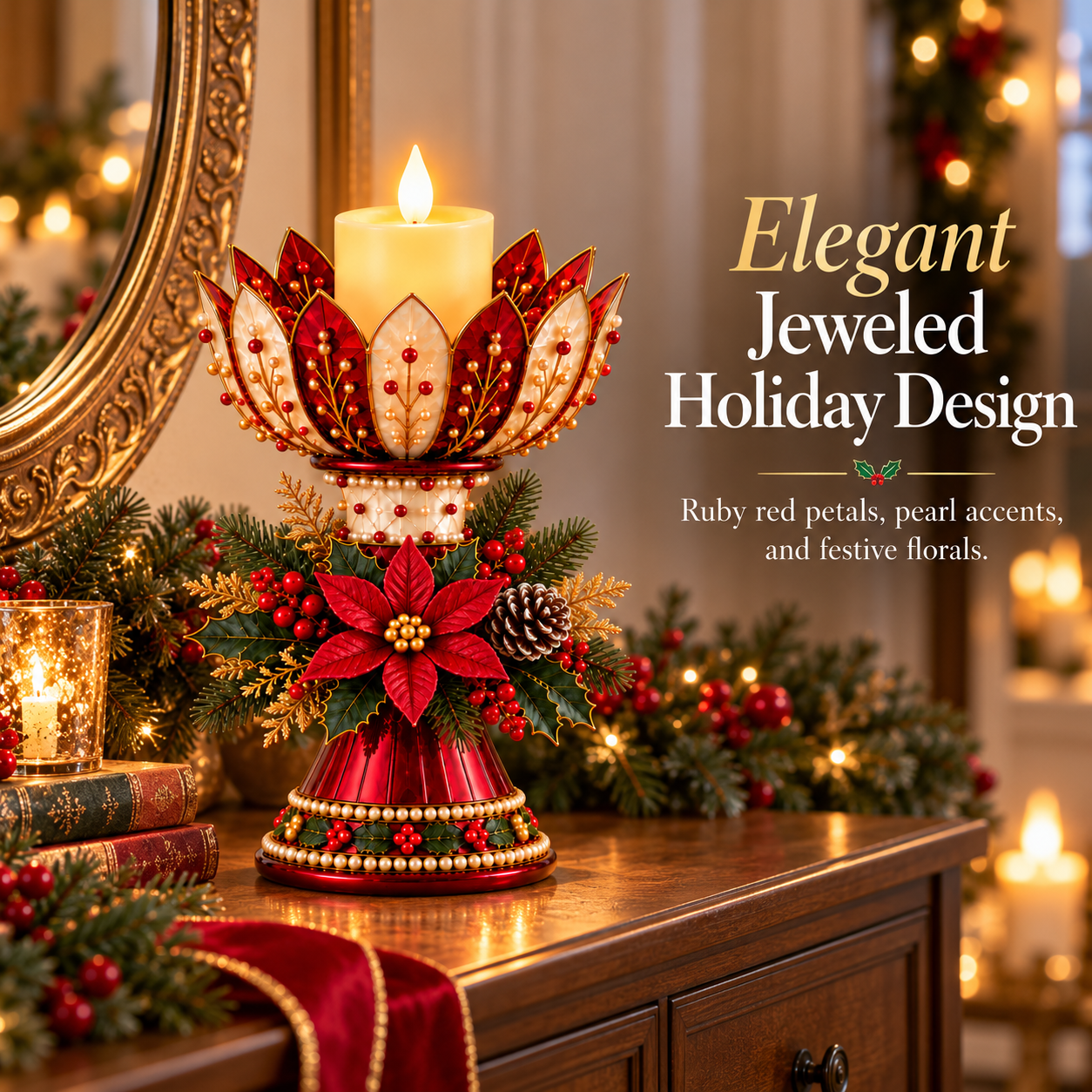 Vintage Poinsettia Christmas Candle Centerpiece