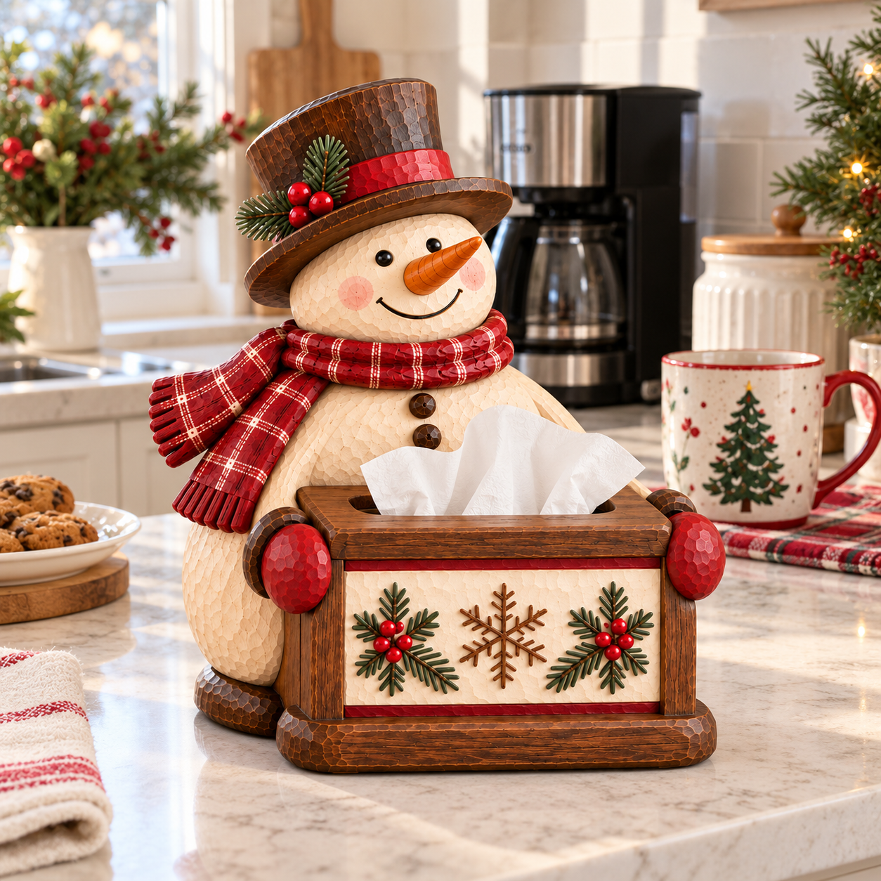 Vintage Christmas Snowman Tissue Box Holder – Rustic Farmhouse Holiday Decor