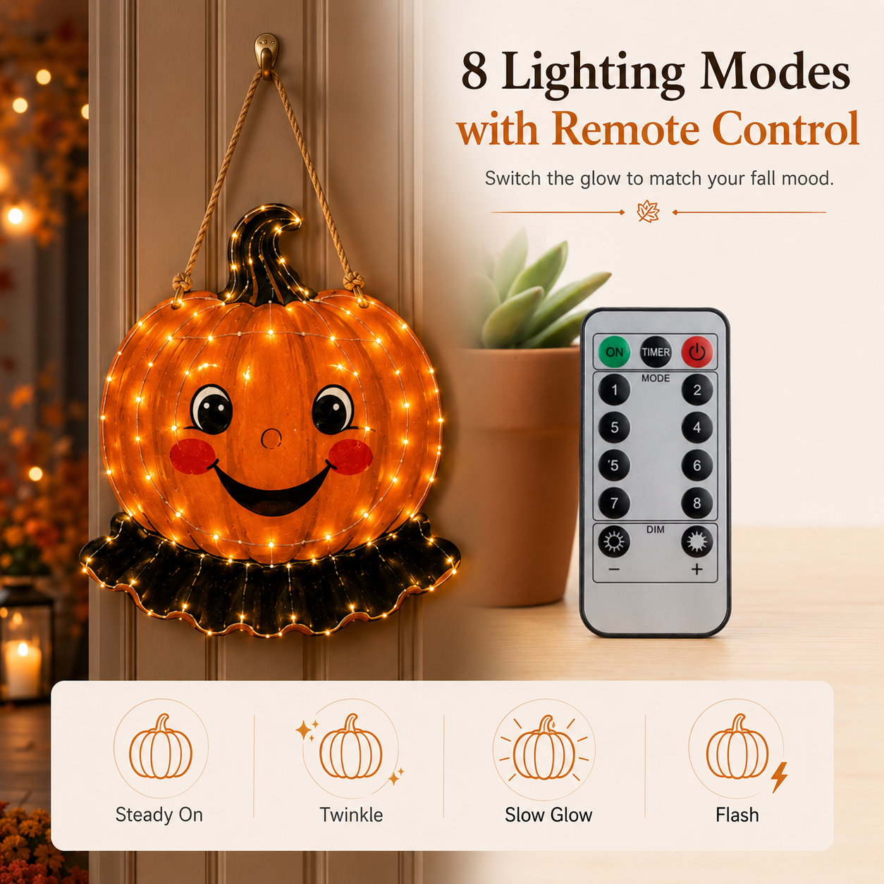 Lighted Smiling Pumpkin Door Hanger