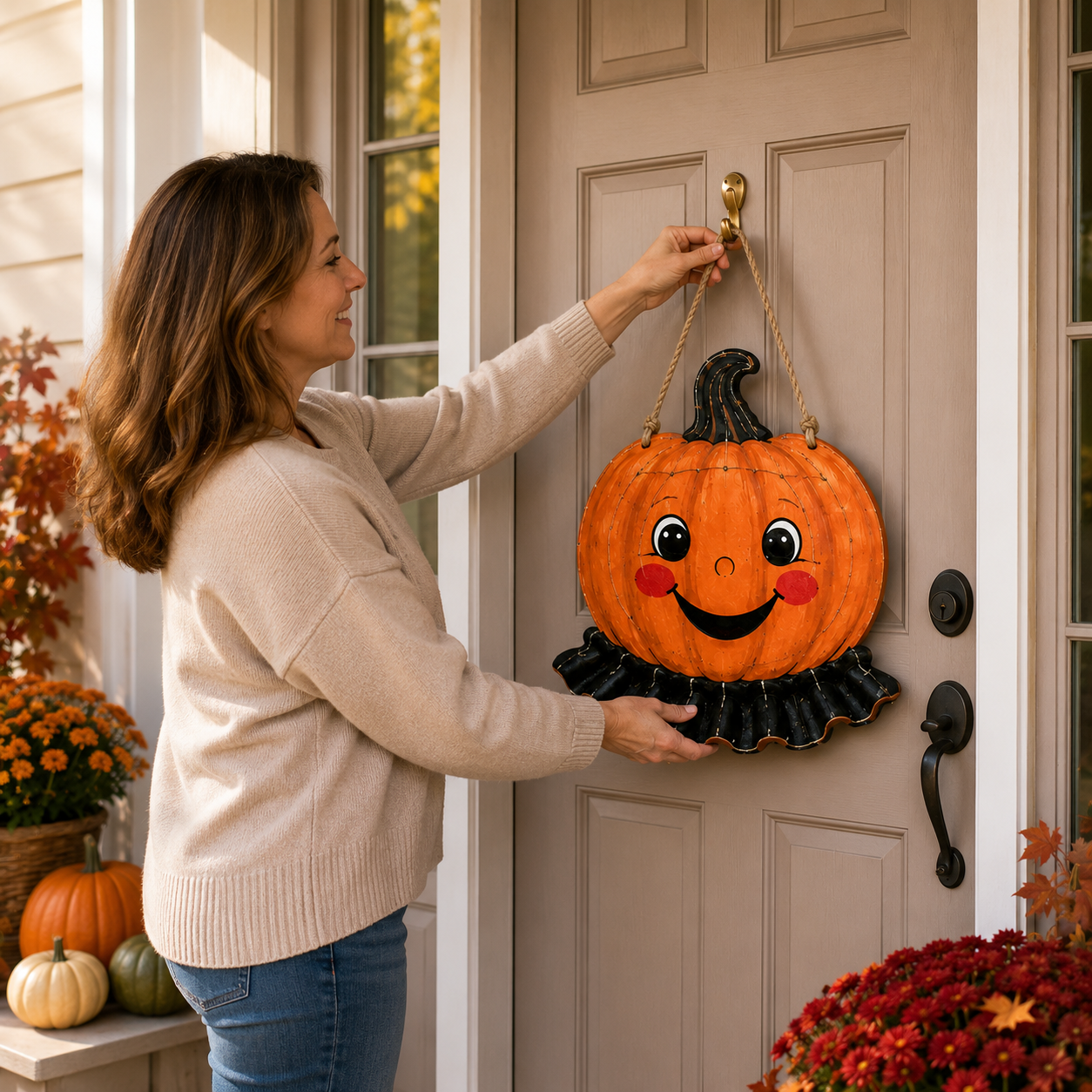 Lighted Smiling Pumpkin Door Hanger