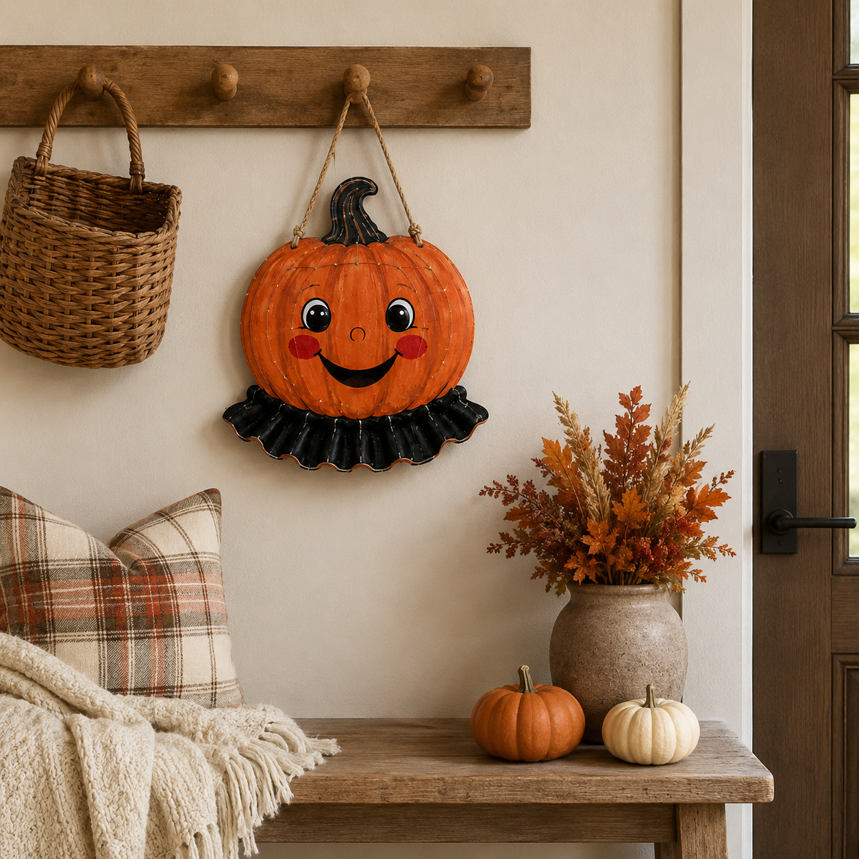 Lighted Smiling Pumpkin Door Hanger