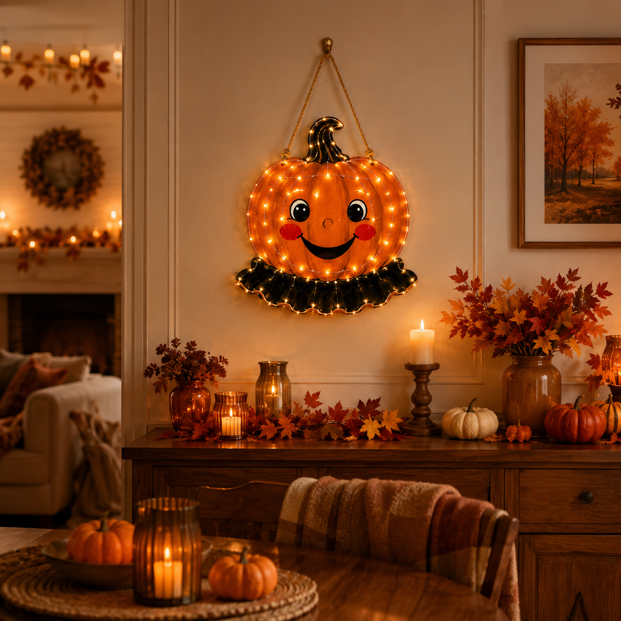 Lighted Smiling Pumpkin Door Hanger