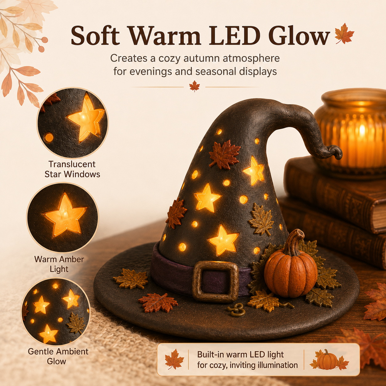 Autumn Witch Hat Tabletop Night Light – Lighted Fall Resin Decor