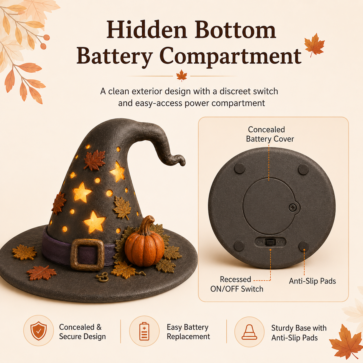 Autumn Witch Hat Tabletop Night Light – Lighted Fall Resin Decor