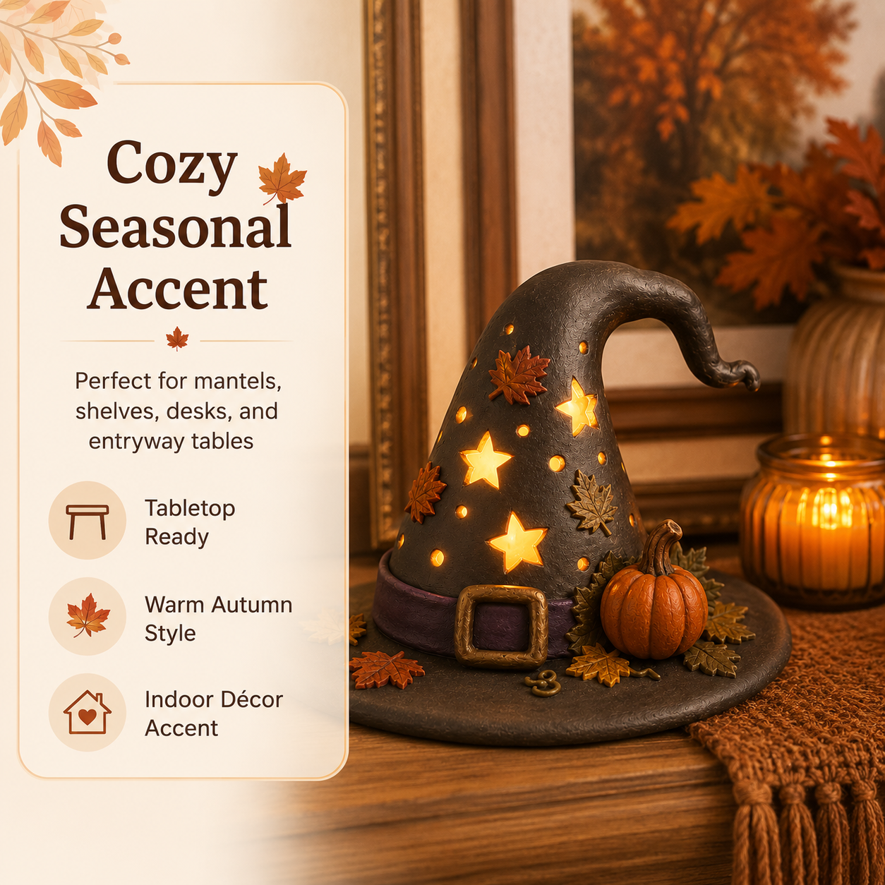 Autumn Witch Hat Tabletop Night Light – Lighted Fall Resin Decor