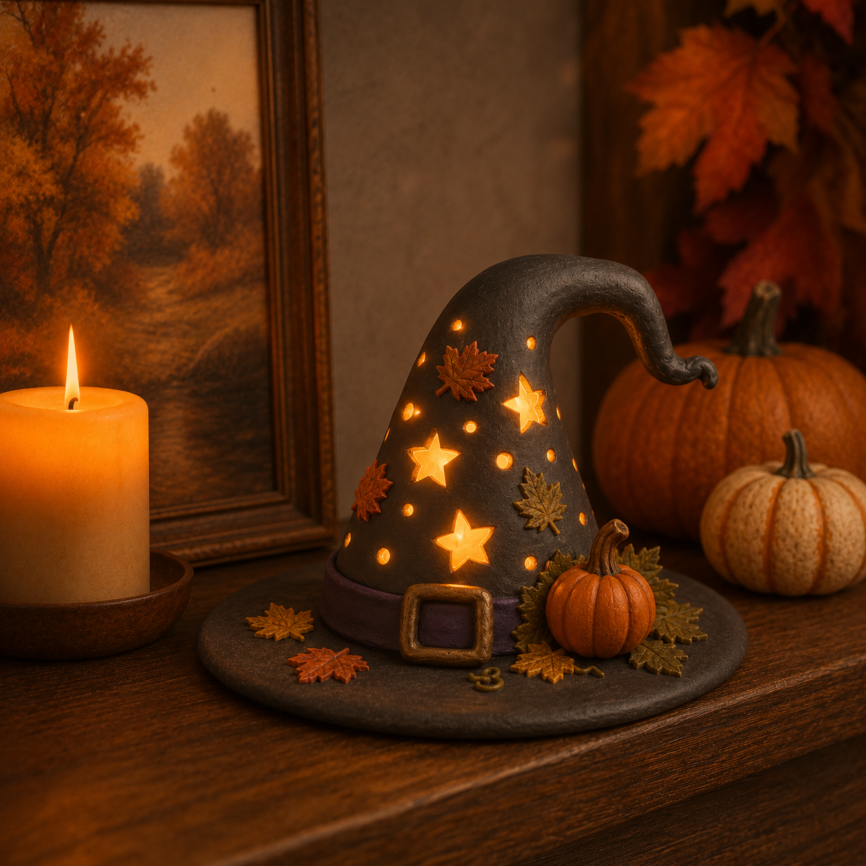 Autumn Witch Hat Tabletop Night Light – Lighted Fall Resin Decor