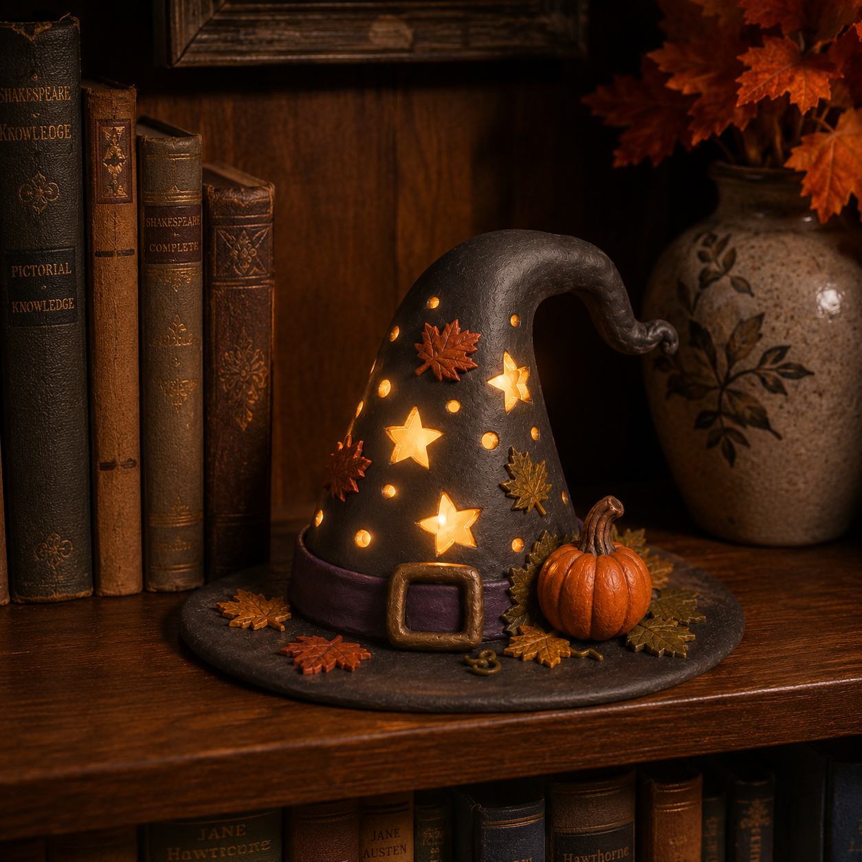 Autumn Witch Hat Tabletop Night Light – Lighted Fall Resin Decor