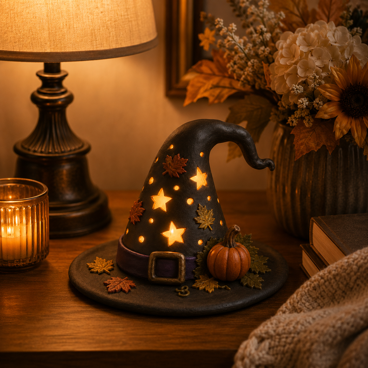 Autumn Witch Hat Tabletop Night Light – Lighted Fall Resin Decor