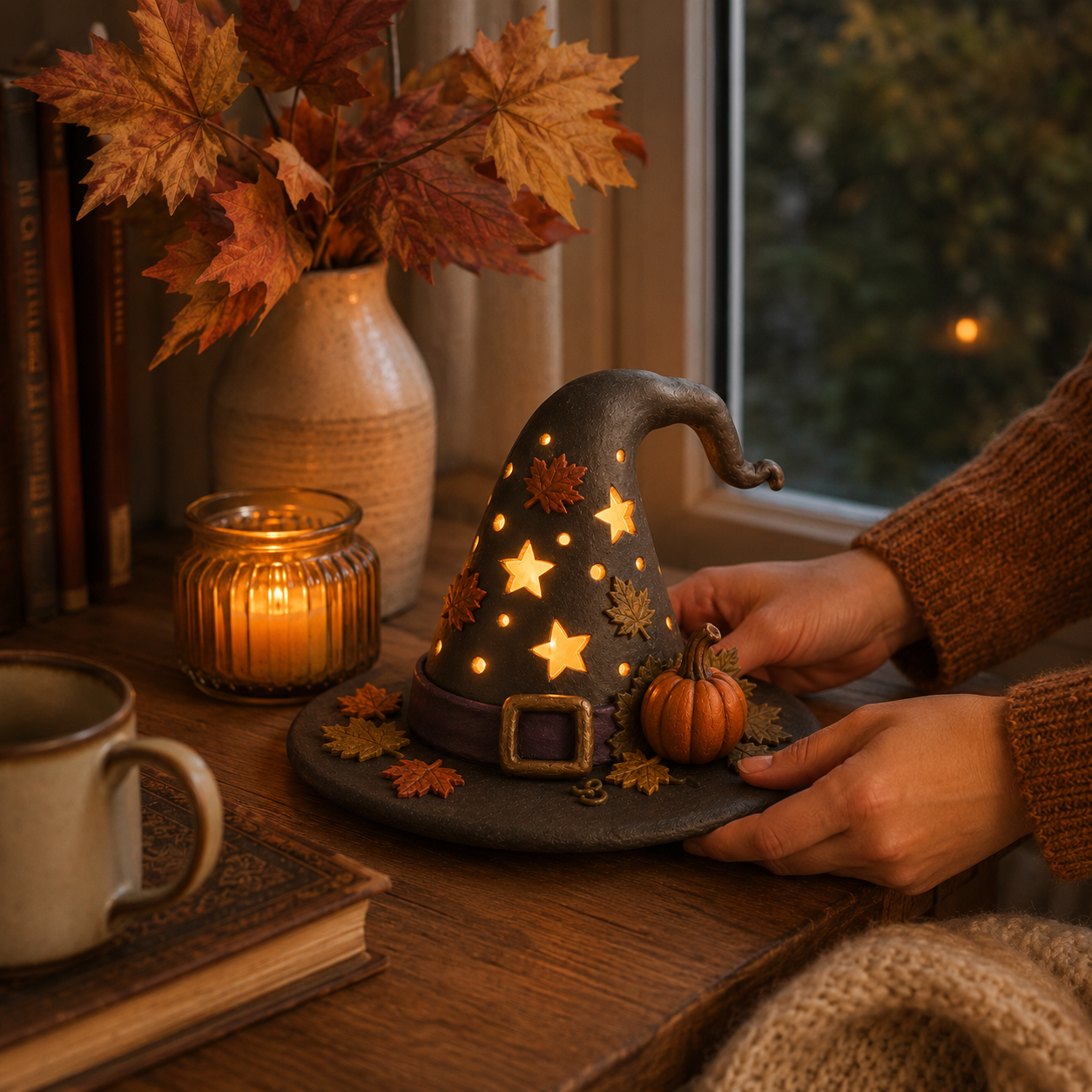 Autumn Witch Hat Tabletop Night Light – Lighted Fall Resin Decor