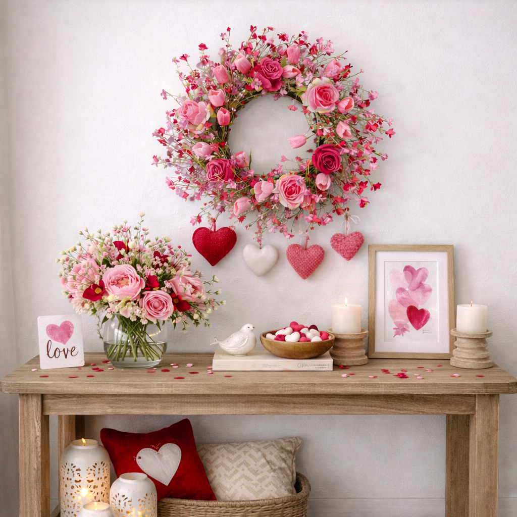 Valentine's Day Flower Wreath with Tulips Heart Berry for Window Porch Indoors Outside