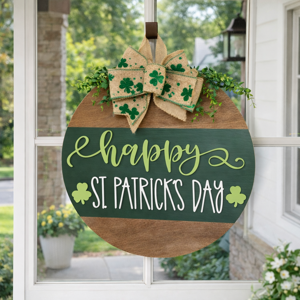 St. Patrick’s Day Door Hanging Wreath Decor – Wooden Shamrock Welcome Sign with Burlap Bow