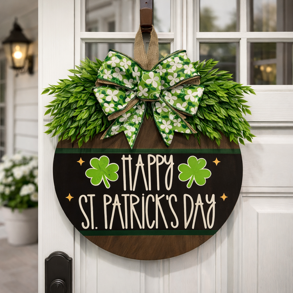 St. Patrick’s Day Door Hanging Wreath Decor – Wooden Shamrock Welcome Sign with Burlap Bow