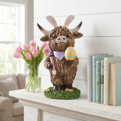 Easter Highland Cow Set with Bunny Ears on Base